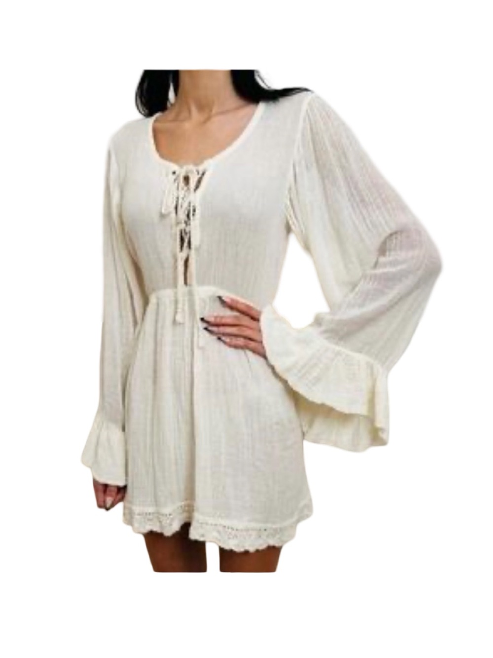 Bohemian gauze lace-up tunic dress Large
